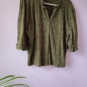 Dylan by True Grit Olive Green Eyelet Ruffle Blouse - XXL